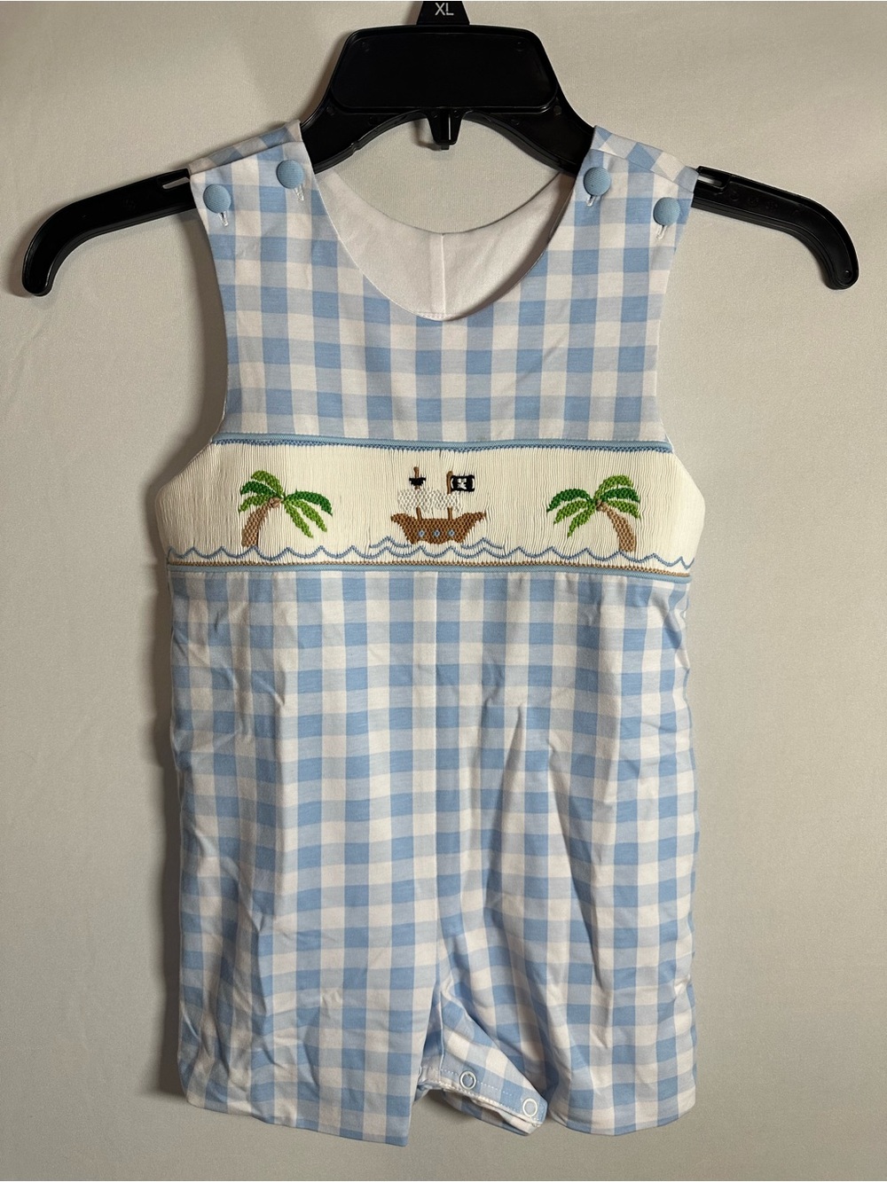 Blue Gingham Smocked Pirate Ship Romper